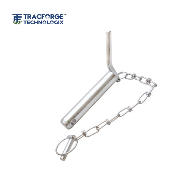 Bent handle hitch pin with linch pin used in tractor and agricultural implement attachment systems