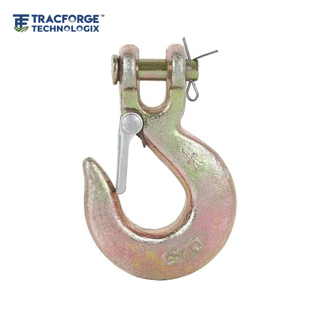 Clevis hook 1/4 inch used for mechanical linkage in industrial and agricultural equipment.
