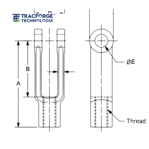 Technical drawing of clevis yoke showing dimensions and threaded connection