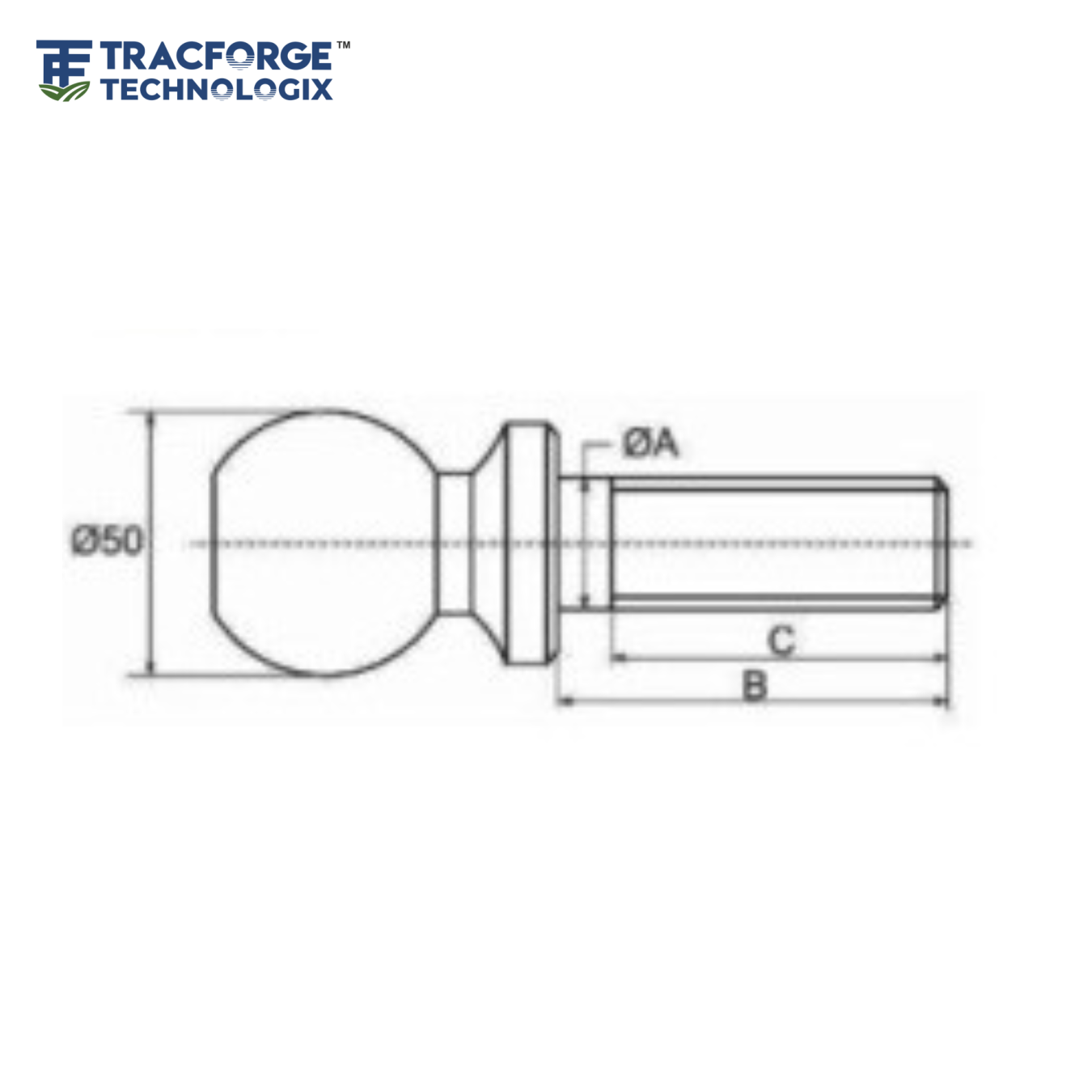 Ball head cylinder pin technical drawing for OEM tractor linkage and hydraulic applications