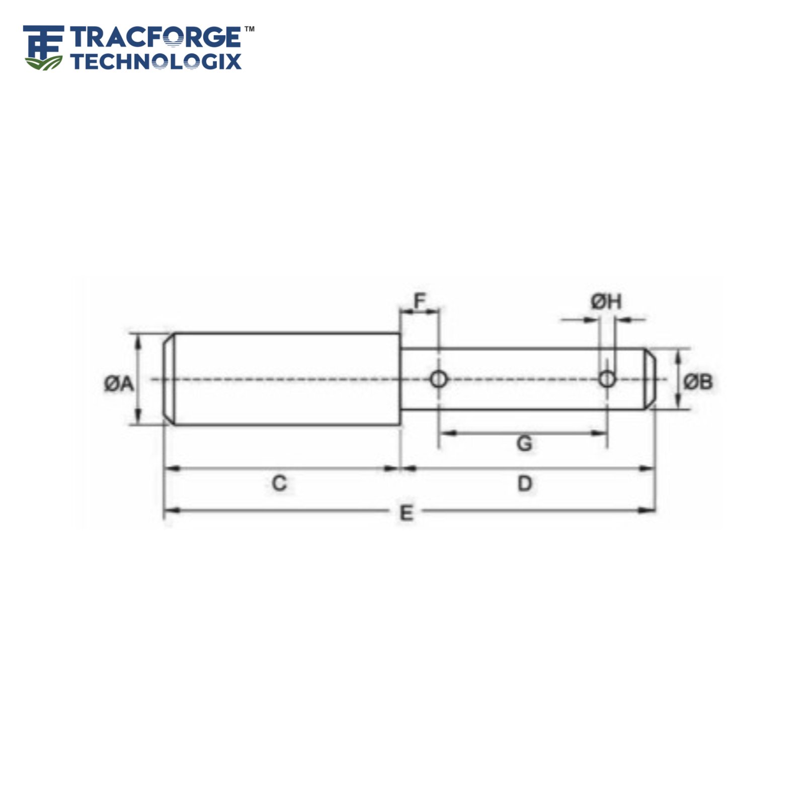 Tractor linkage pin technical drawing with stepped shaft dimensions for OEM agricultural applications