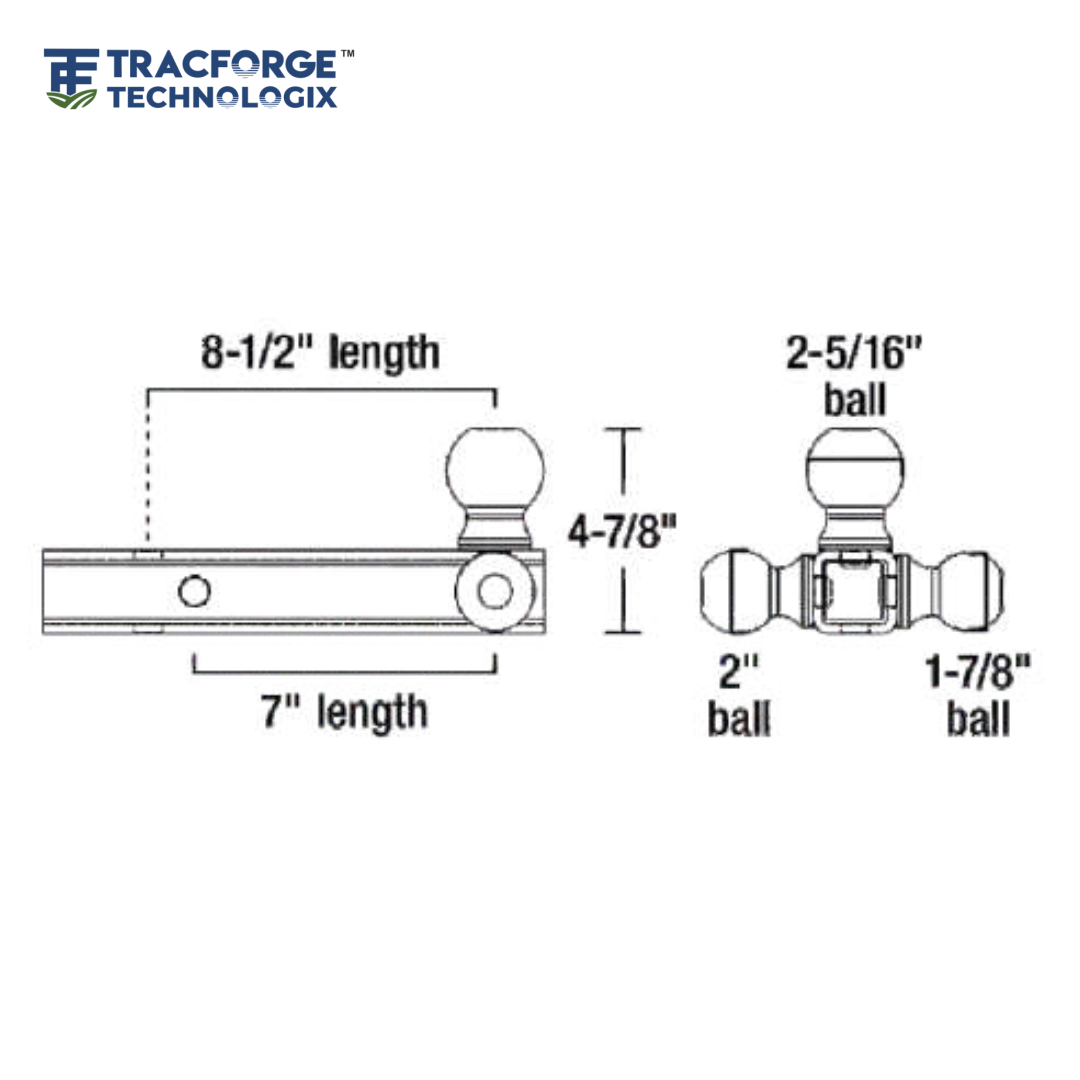Technical drawing of multi ball mount with welded ball showing dimensions and mounting positions for trailer towing.
