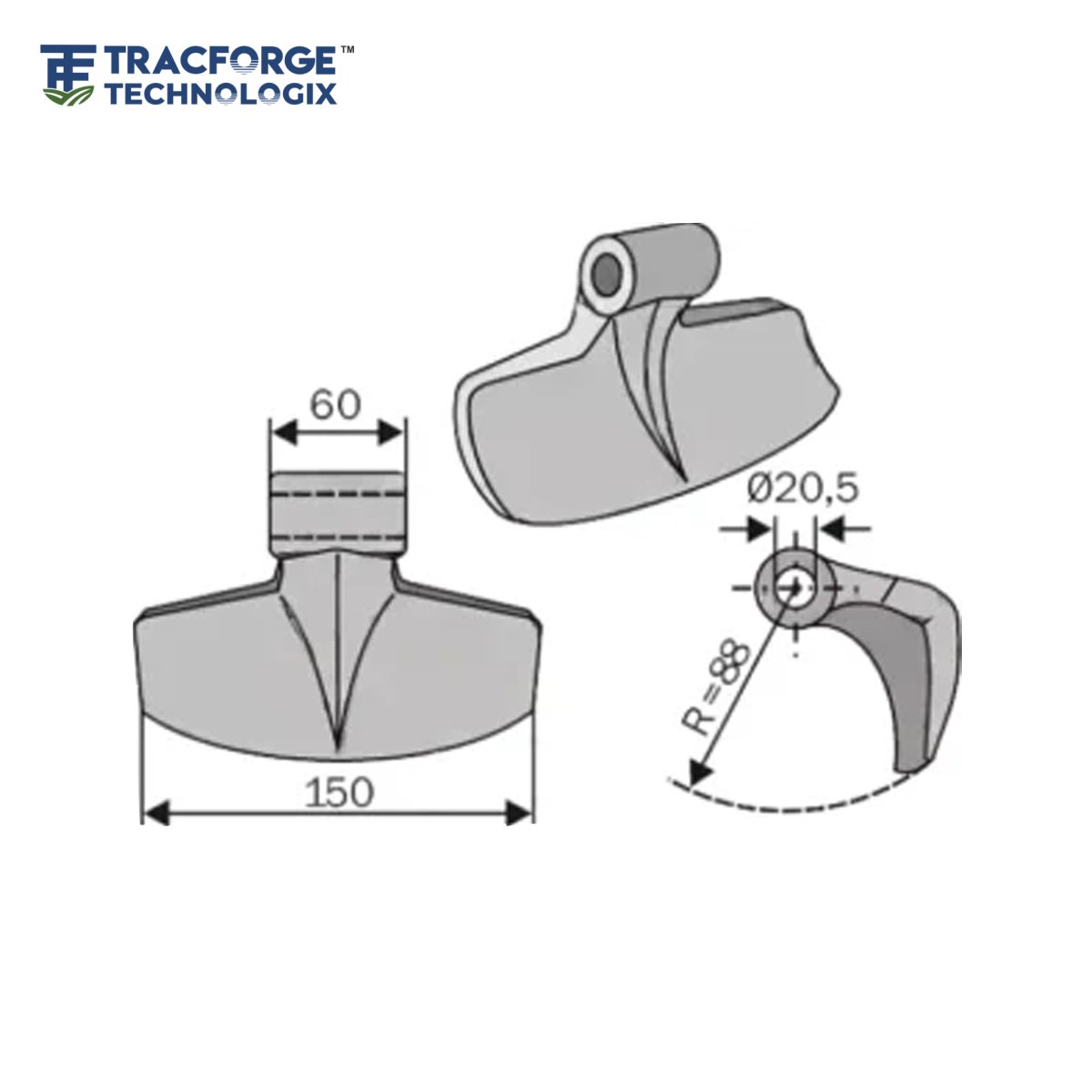 Hammer Blades RM-11 technical drawing showing 150mm cutting width, 60mm thickness, Ø20.5mm mounting hole and R88 swing radius for flail mower applications