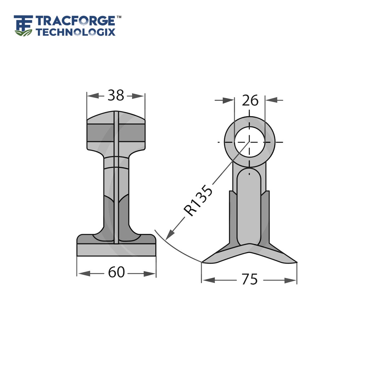 Hammer Blades RM-20 technical drawing showing mounting hole Ø22.5, swing radius R130, and blade profile for agricultural flail mower applications