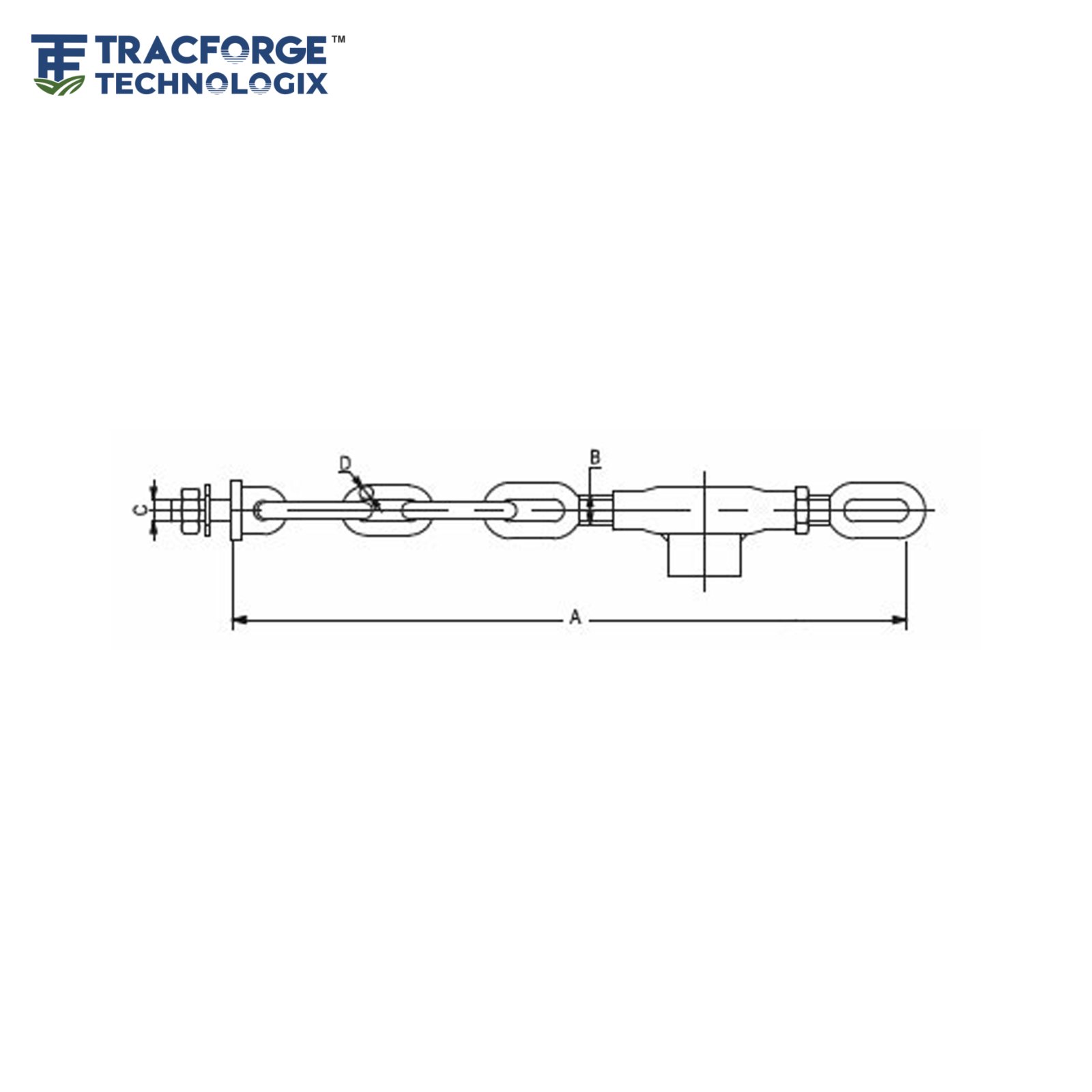 Technical drawing of stabilizer assembly with chain showing dimensions for tractor linkage