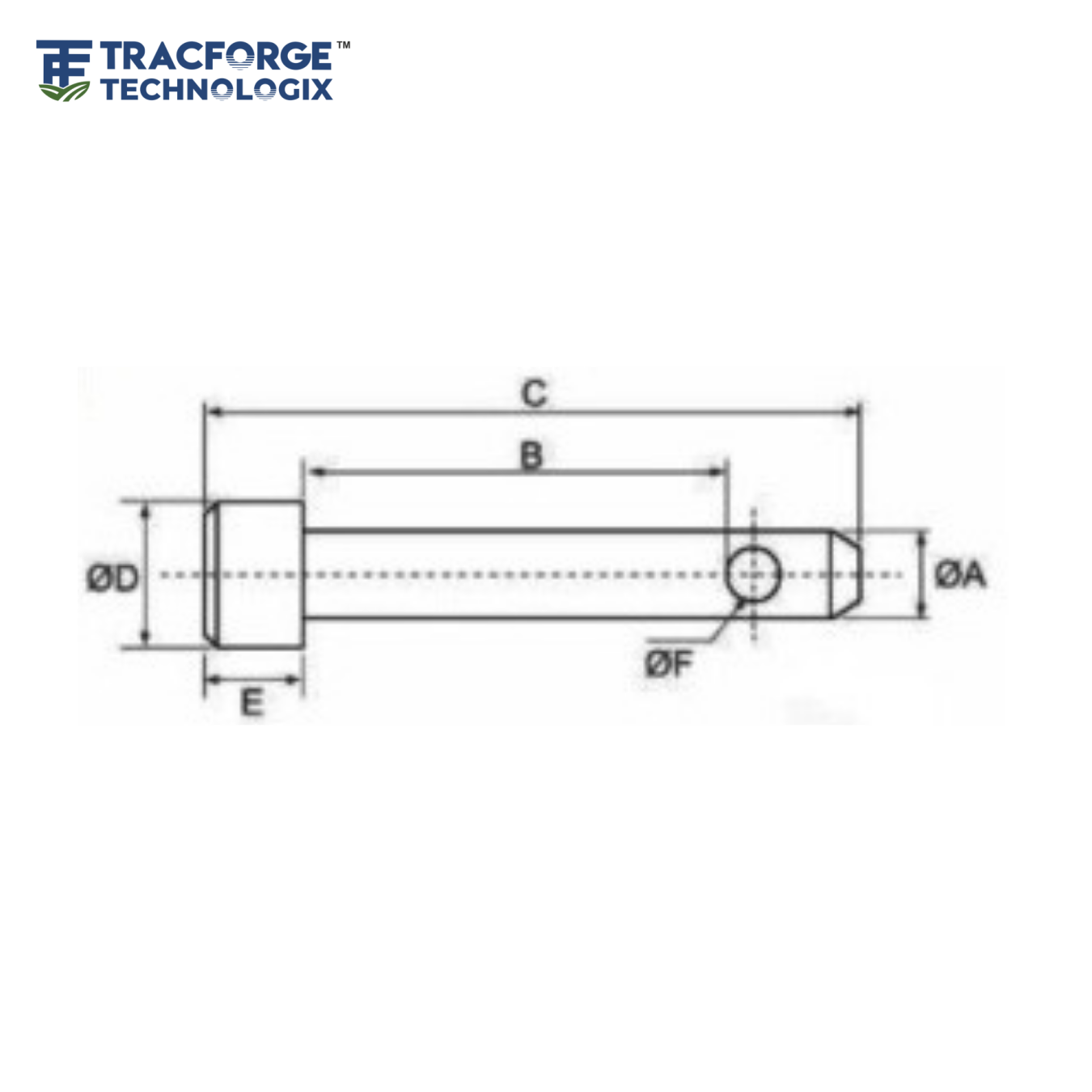 Technical drawing of round head top link pin showing dimensions