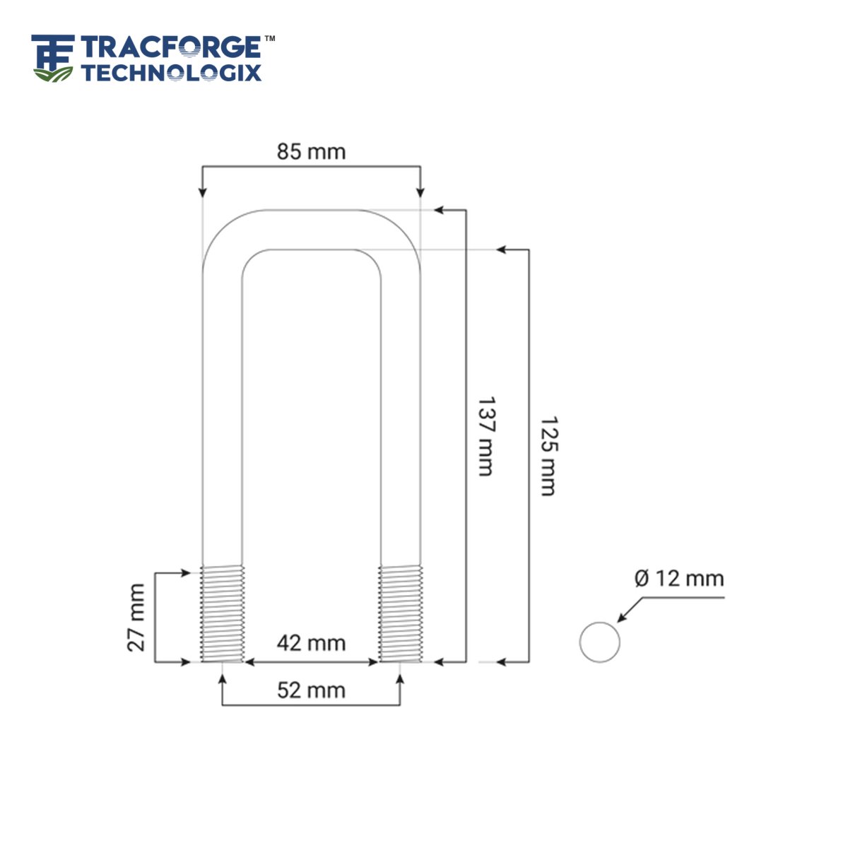 Square U Bolts technical drawing showing B inside width, C leg length and ØA rod diameter for axle and leaf spring mounting applications