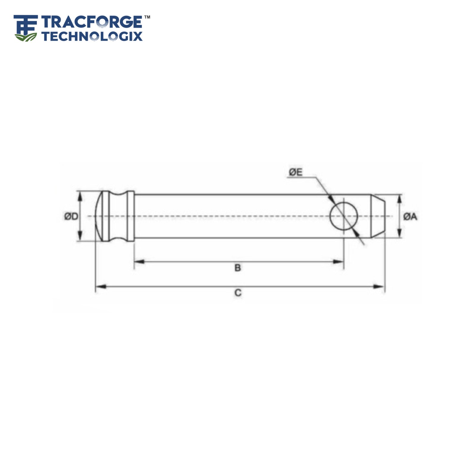 Top link pin technical drawing for OEM tractor linkage and agricultural implement systems