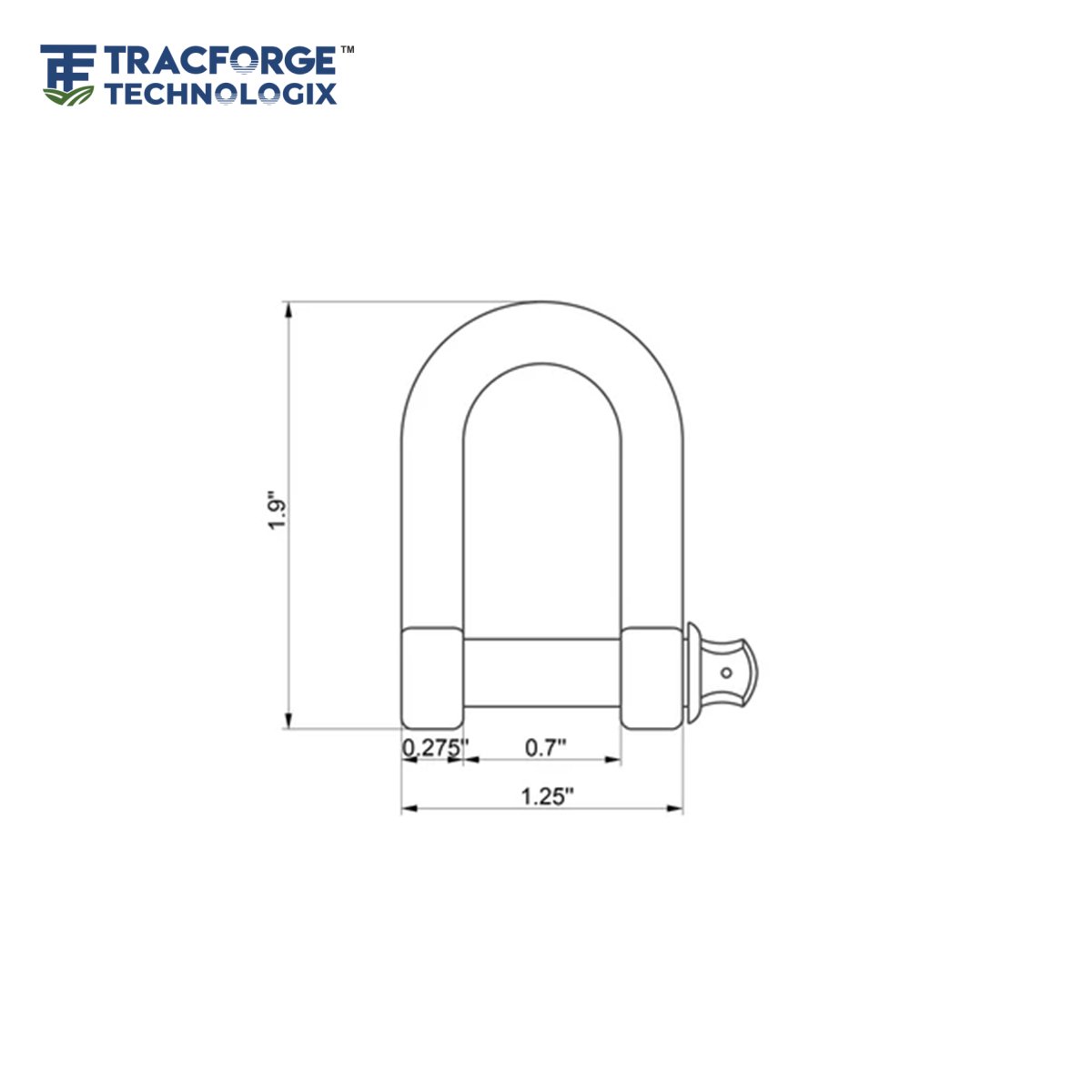 Technical diagram of a utility clevis pin with U-shaped shackle and threaded pin showing dimensions including 1.9 inch height and 1.25 inch width.