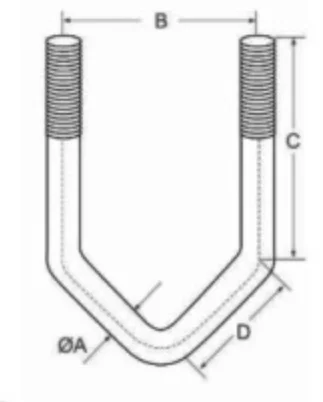 V-Bolts in millimeters technical drawing showing B width, C leg length, D bend depth and ØA rod diameter for metric V-bolt applications